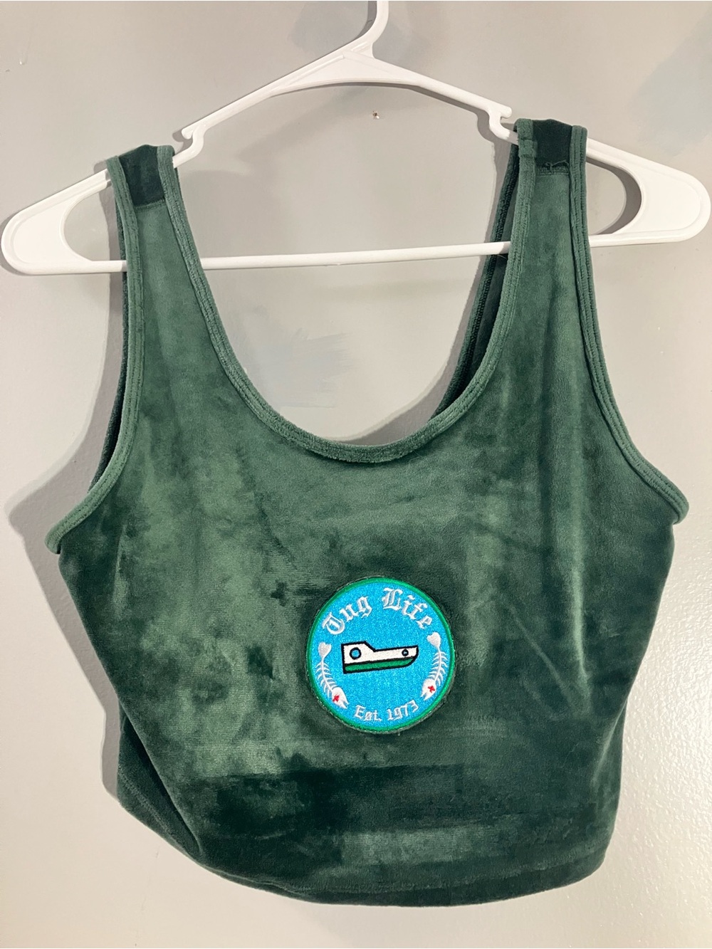 Green Velvet Cropped Tank Top with Embroidered Badge